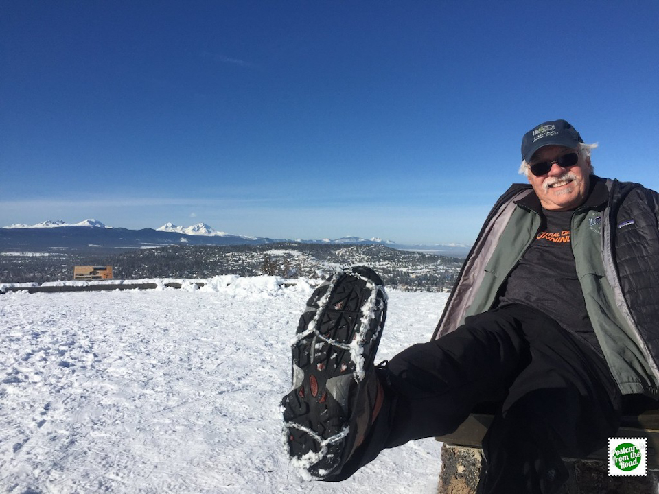 Hike up Pilot Butte. Added traction for the ice and snow. Great view at the top.